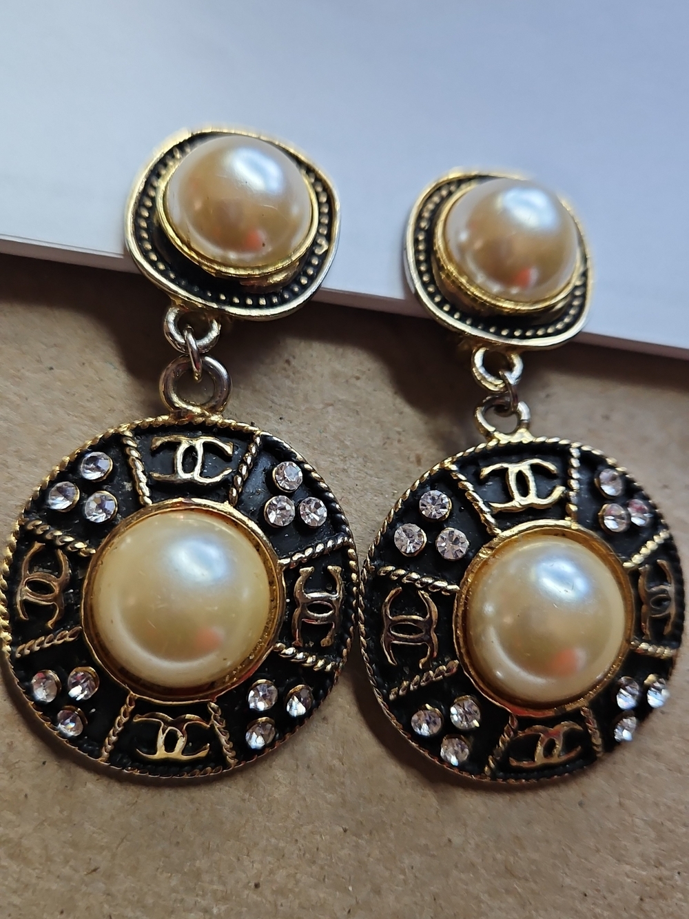 Vintage CC Logo Goldtone, Pearl & Rhinestone Dangle Clip-on Earrings